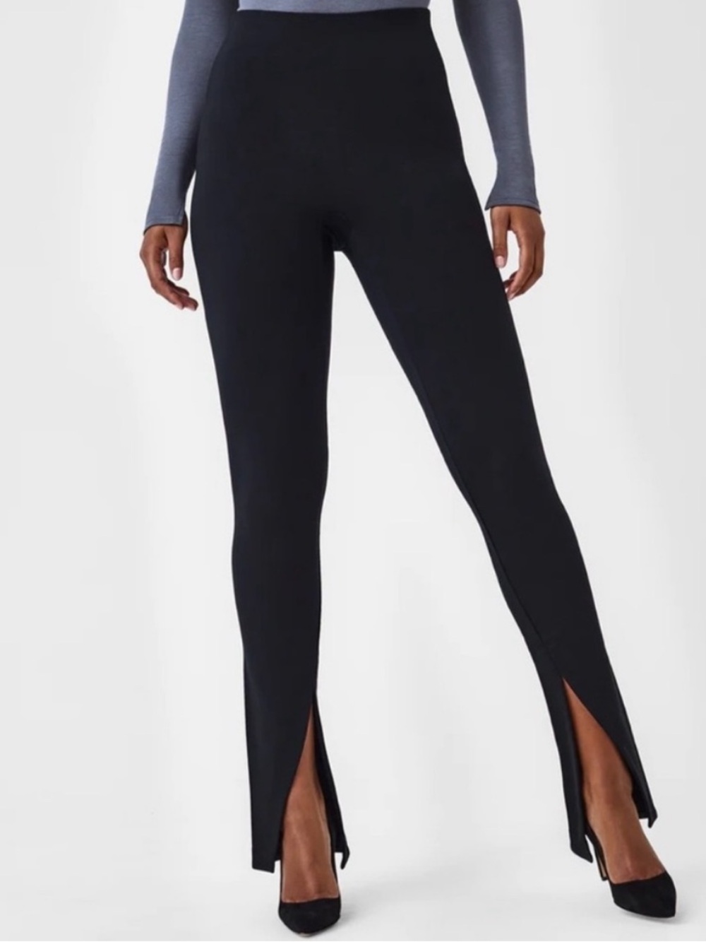 Spanx The Perfect Pant Front Slit Ponte Pants L High Rise Black Womens Dress